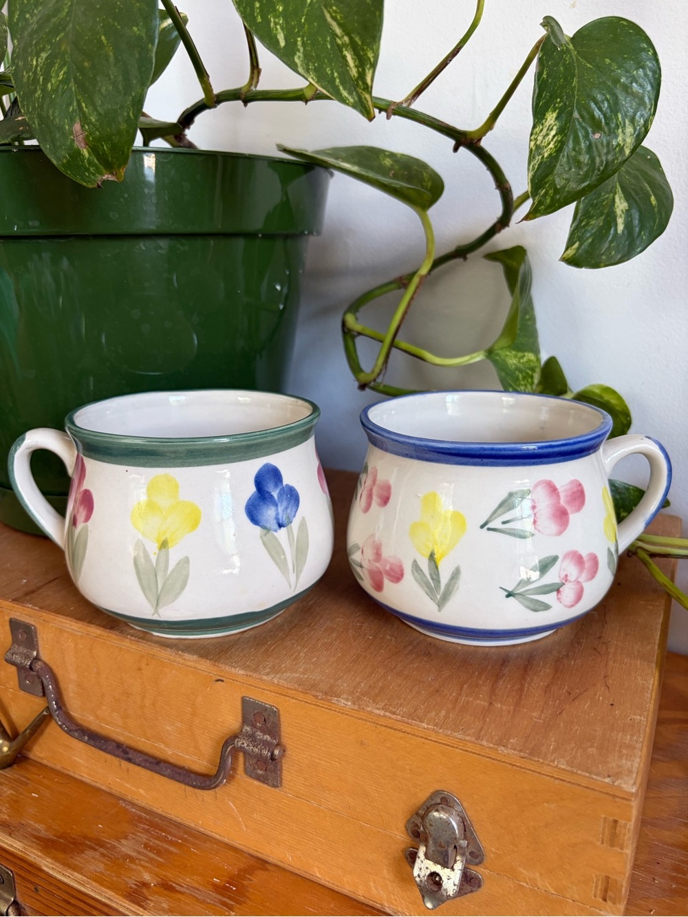Hand-Painted Floral Ceramic Mugs — Set of 2 (Green & Blue Trim)